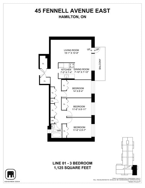 Floor plan for 3 beds, 1 bath